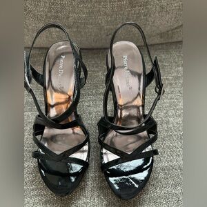 PIERRE DUMAS Ladies Size 7 1/2 M Black Patent Leather High Heel Strappy …